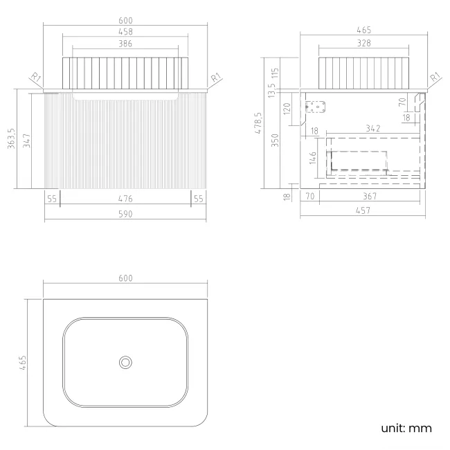 Sorrento Fluted Matt Black Wall Hung Drawer Vanity with Marble Top & Reno Basin 600mm
