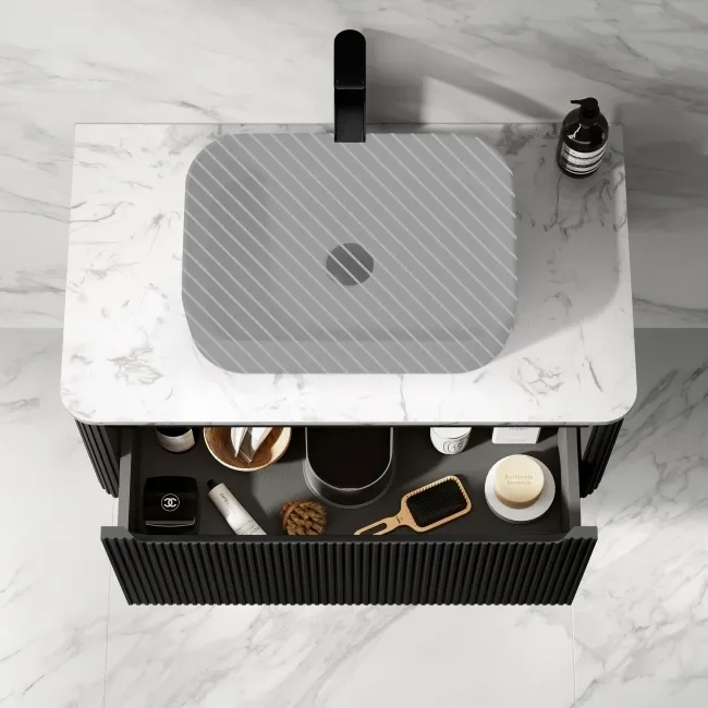 Sorrento Fluted Matt Black Wall Hung Drawer Vanity with Marble Top 800mm - Excludes Counter Top Basin