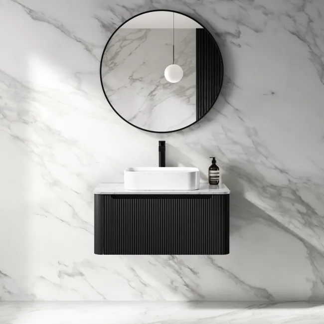 Sorrento Fluted Matt Black Wall Hung Drawer Vanity with Marble Top & Marin Basin 800mm