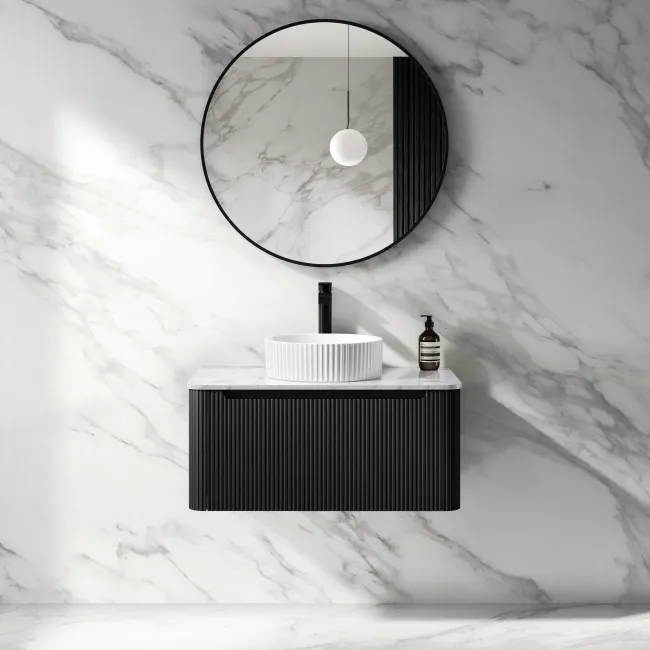 Sorrento Fluted Matt Black Wall Hung Drawer Vanity with Marble Top & Nevis Basin 800mm