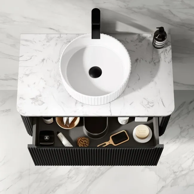 Sorrento Fluted Matt Black Wall Hung Drawer Vanity with Marble Top & Nevis Basin 800mm