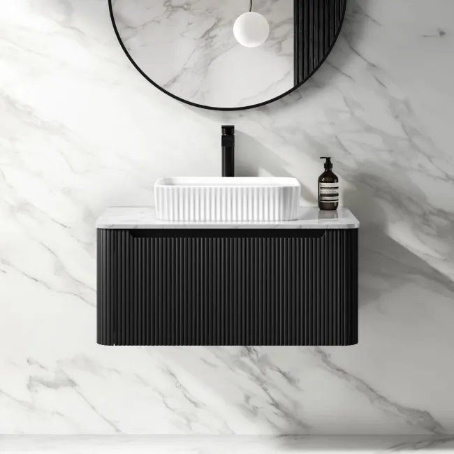Sorrento Fluted Matt Black Wall Hung Drawer Vanity with Marble Top & Reno Basin 800mm
