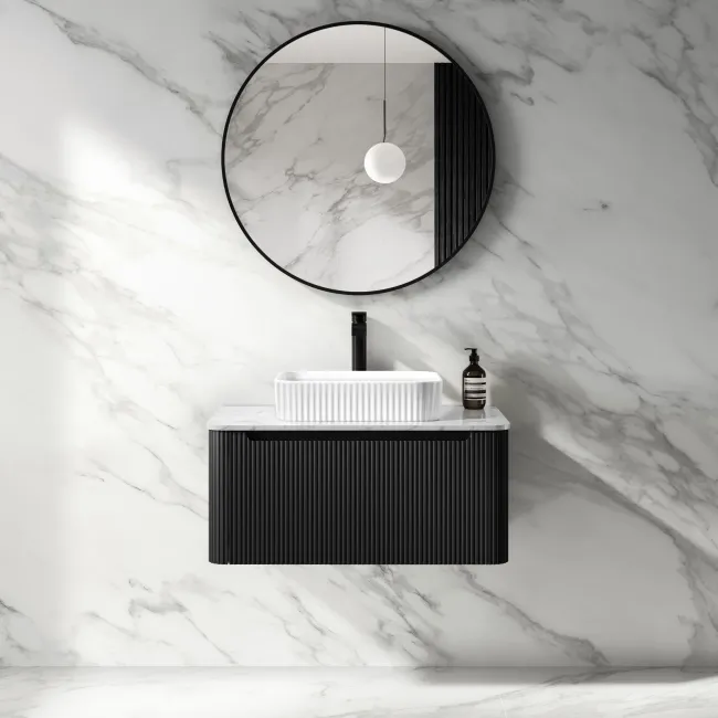 Sorrento Fluted Matt Black Wall Hung Drawer Vanity with Marble Top & Reno Basin 800mm