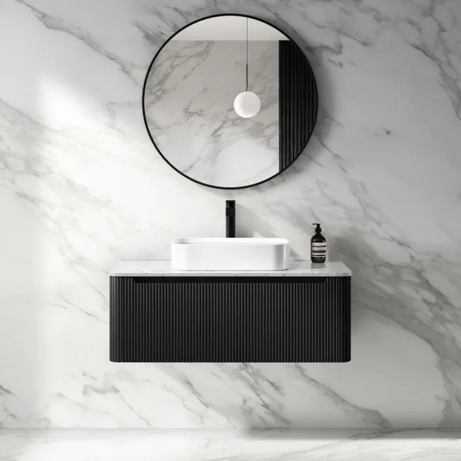 Sorrento Fluted Matt Black Wall Hung Drawer Vanity with Marble Top & Marin Basin 1000mm