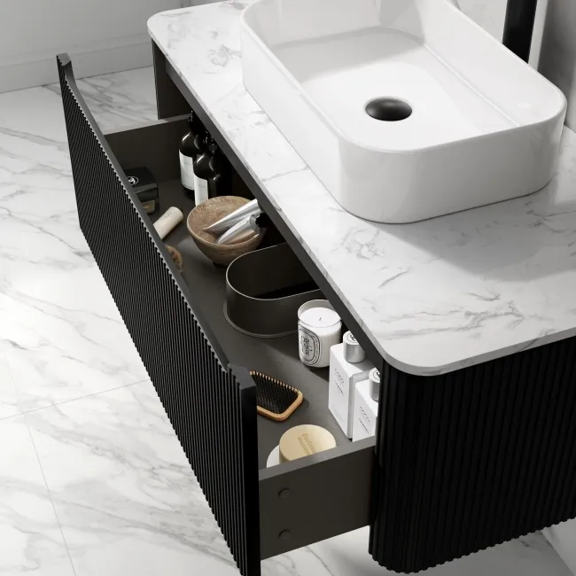 Sorrento Fluted Matt Black Wall Hung Drawer Vanity with Marble Top & Marin Basin 1000mm