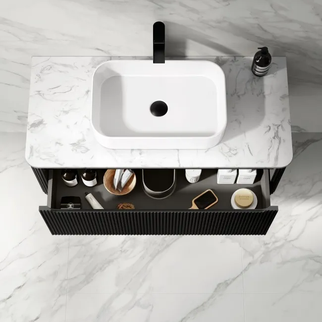 Sorrento Fluted Matt Black Wall Hung Drawer Vanity with Marble Top & Marin Basin 1000mm