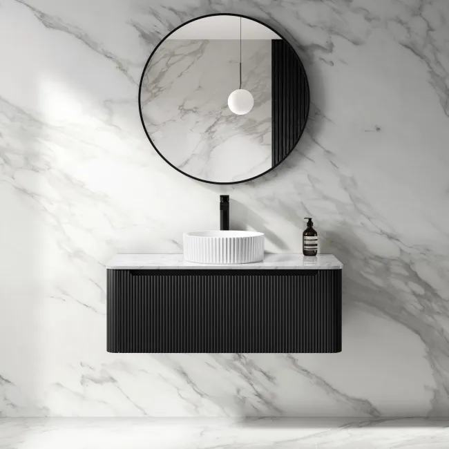 Sorrento Fluted Matt Black Wall Hung Drawer Vanity with Marble Top & Nevis Basin 1000mm