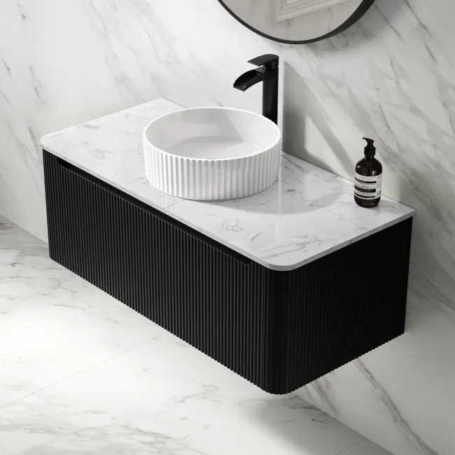 Sorrento Fluted Matt Black Wall Hung Drawer Vanity with Marble Top & Nevis Basin 1000mm