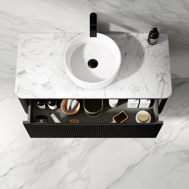 Sorrento Fluted Matt Black Wall Hung Drawer Vanity with Marble Top & Nevis Basin 1000mm