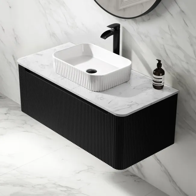 Sorrento Fluted Matt Black Wall Hung Drawer Vanity with Marble Top & Reno Basin 1000mm