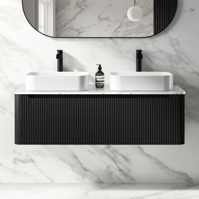 Sorrento Fluted Matt Black Double Wall Hung Drawer Vanity with Marble Top & Marin Basin 1200mm