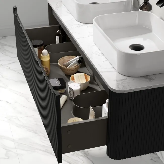 Sorrento Fluted Matt Black Double Wall Hung Drawer Vanity with Marble Top & Marin Basin 1200mm