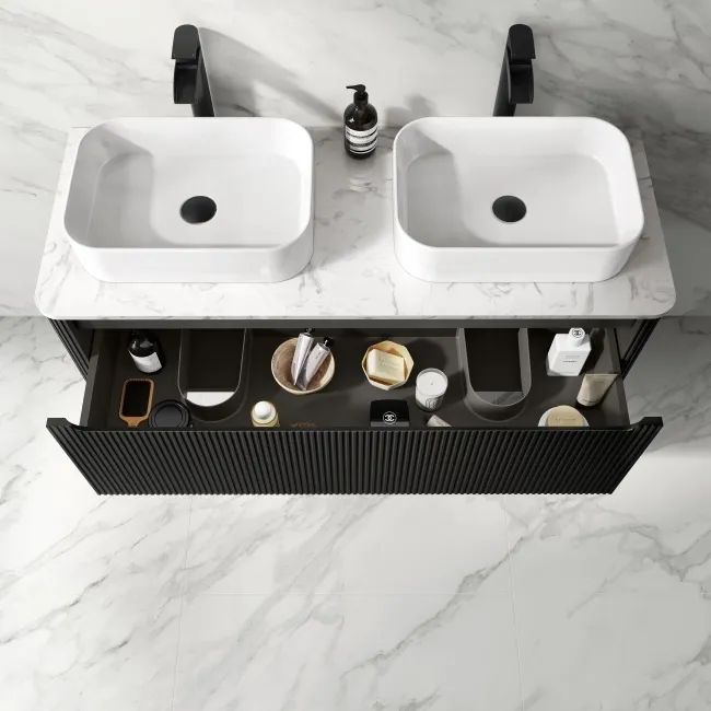 Sorrento Fluted Matt Black Double Wall Hung Drawer Vanity with Marble Top & Marin Basin 1200mm