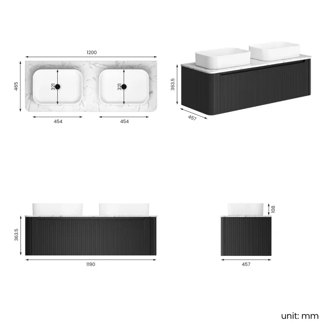 Sorrento Fluted Matt Black Double Wall Hung Drawer Vanity with Marble Top & Marin Basin 1200mm