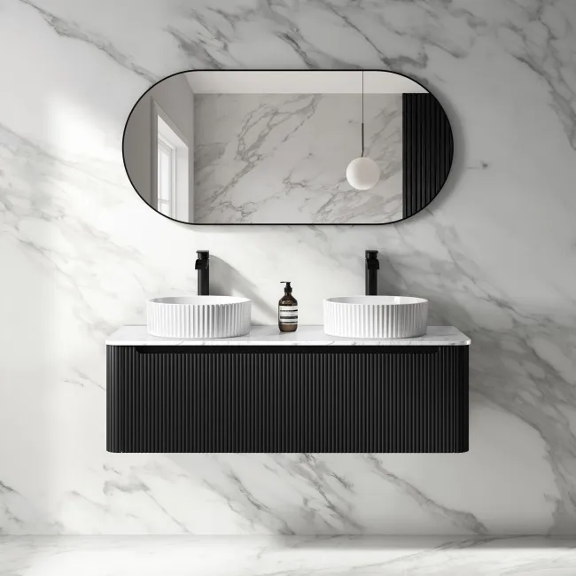 Sorrento Fluted Matt Black Double Wall Hung Drawer Vanity with Marble Top & Nevis Basin 1200mm