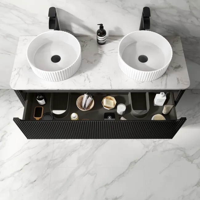 Sorrento Fluted Matt Black Double Wall Hung Drawer Vanity with Marble Top & Nevis Basin 1200mm
