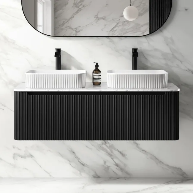 Sorrento Fluted Matt Black Double Wall Hung Drawer Vanity with Marble Top & Reno Basin 1200mm