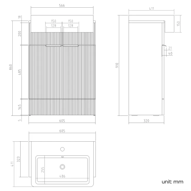 Sicily Fluted Black Walnut Vanity with Semi Recessed Basin 600mm - Black Accents