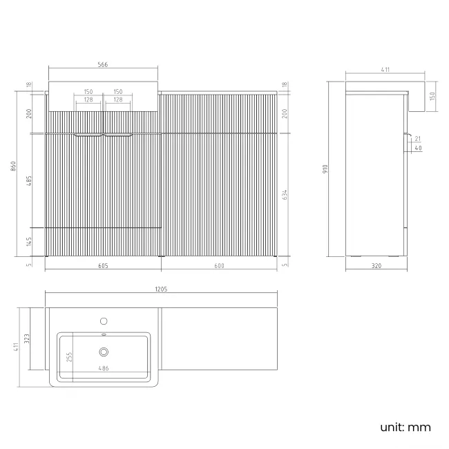 Sicily Fluted Black Walnut Basin Vanity and Back To Wall Toilet Unit 1200mm (Excludes Toilet) - Black Accents