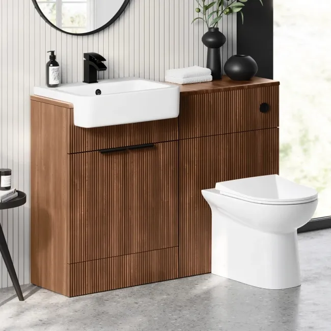 Sicily Fluted Black Walnut Combination Vanity Basin and Aruba Toilet 1200mm - Black Accents