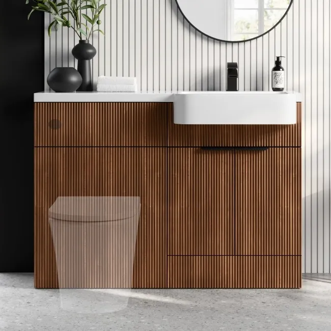 Sicily Fluted Black Walnut Basin Vanity and Back To Wall Toilet Unit 1200mm (Excludes Toilet) - Black Accents - Right Handed