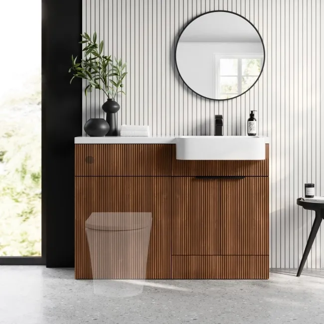 Sicily Fluted Black Walnut Basin Vanity and Back To Wall Toilet Unit 1200mm (Excludes Toilet) - Black Accents - Right Handed