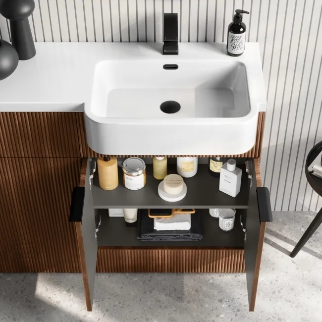 Sicily Fluted Black Walnut Basin Vanity and Back To Wall Toilet Unit 1200mm (Excludes Toilet) - Black Accents - Right Handed