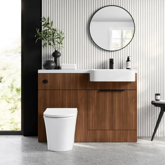 Sicily Fluted Black Walnut Combination Vanity Basin and Tucson Toilet 1200mm - Black Accents - Right Handed