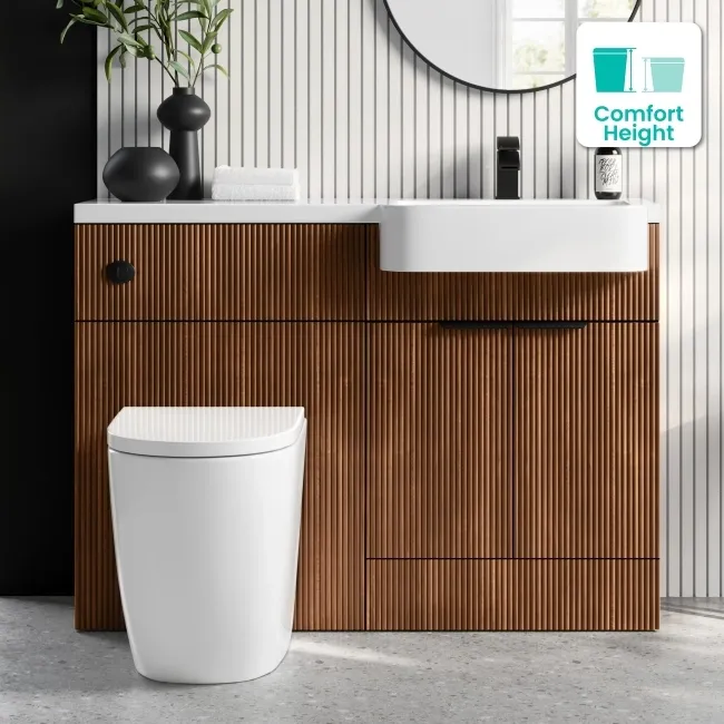 Sicily Fluted Black Walnut Combination Vanity Basin and Utah Comfort Height Toilet 1200mm - Black Accents - Right Handed
