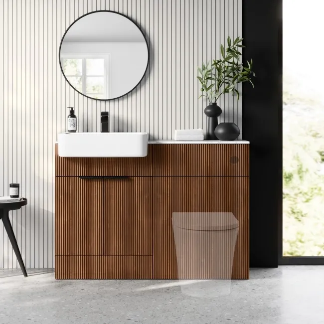 Sicily Fluted Black Walnut Basin Vanity with Marble Top & Back To Wall Unit 1200mm (Excludes Toilet) - Black Accents