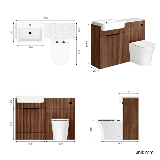 Sicily Fluted Black Walnut Combination Vanity Basin with Marble Top & Tucson Toilet 1200mm - Black Accents