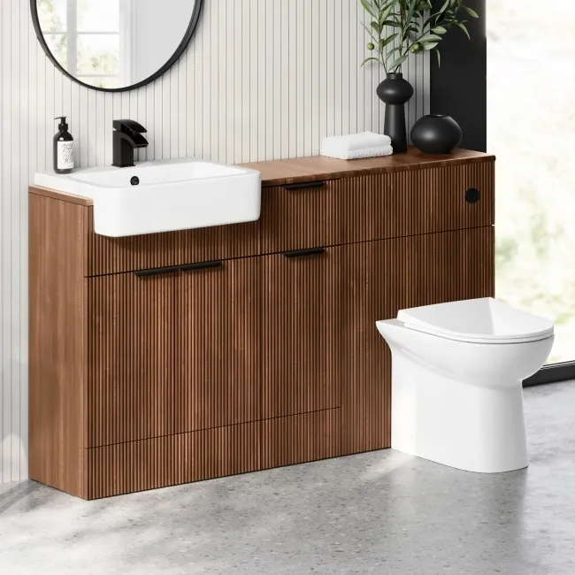 Sicily Fluted Black Walnut Combination Vanity Basin and Aruba Toilet 1500mm - Black Accents