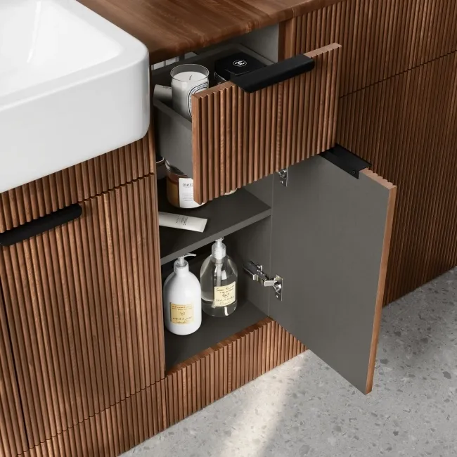 Sicily Fluted Black Walnut Combination Vanity Basin and Miami Toilet 1500mm - Black Accents