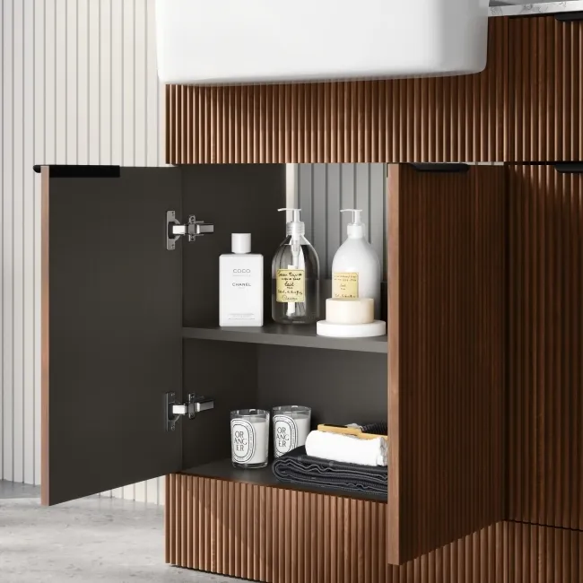 Sicily Fluted Black Walnut Combination Vanity Basin with Marble Top & Tucson Toilet 1500mm - Black Accents