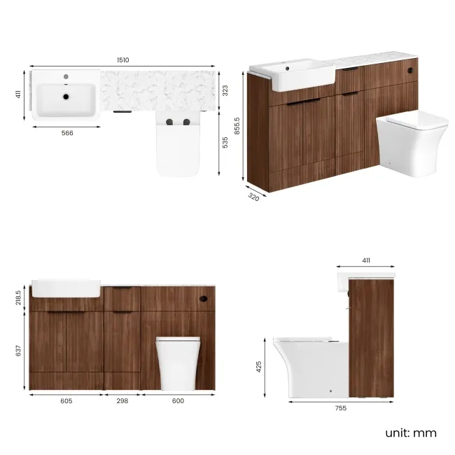 Sicily Fluted Black Walnut Combination Vanity Basin with Marble Top & Houston Toilet 1500mm - Black Accents