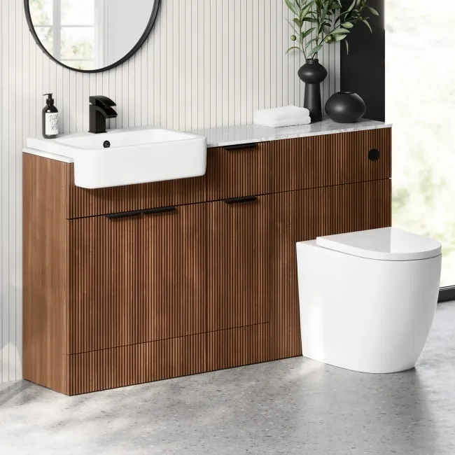 Sicily Fluted Black Walnut Combination Vanity Basin with Marble Top & Utah Comfort Height Toilet 1500mm - Black Accents