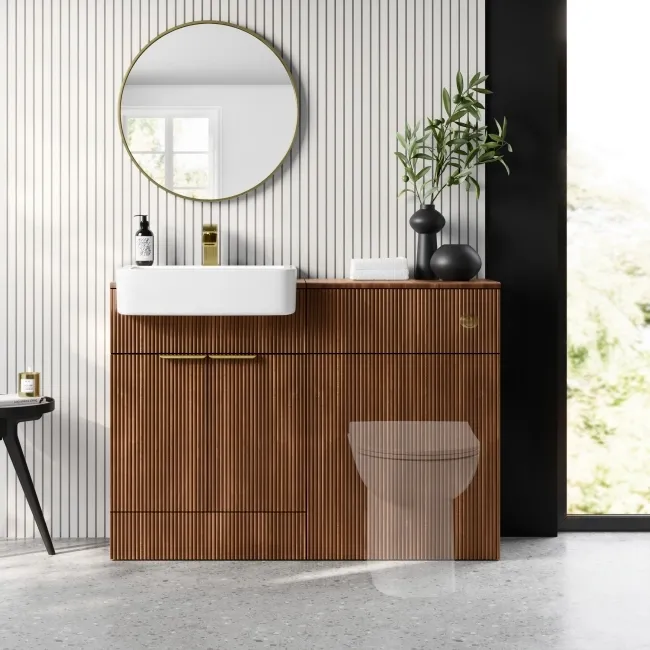 Sicily Fluted Black Walnut Basin Vanity and Back To Wall Toilet Unit 1200mm (Excludes Toilet) - Brushed Brass Accents