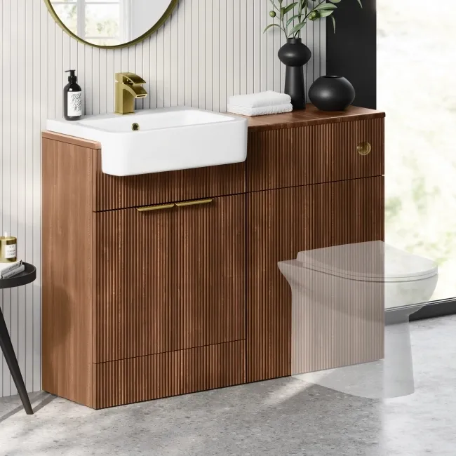 Sicily Fluted Black Walnut Basin Vanity and Back To Wall Toilet Unit 1200mm (Excludes Toilet) - Brushed Brass Accents