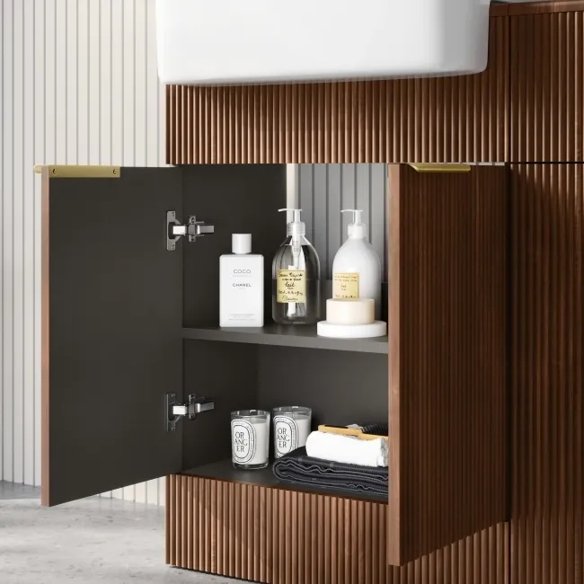 Sicily Fluted Black Walnut Basin Vanity and Back To Wall Toilet Unit 1200mm (Excludes Toilet) - Brushed Brass Accents