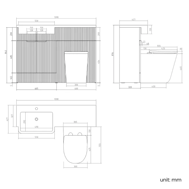 Sicily Fluted Black Walnut Combination Vanity Basin and Utah Comfort Height Toilet 1200mm - Brushed Brass Accents - Left Handed
