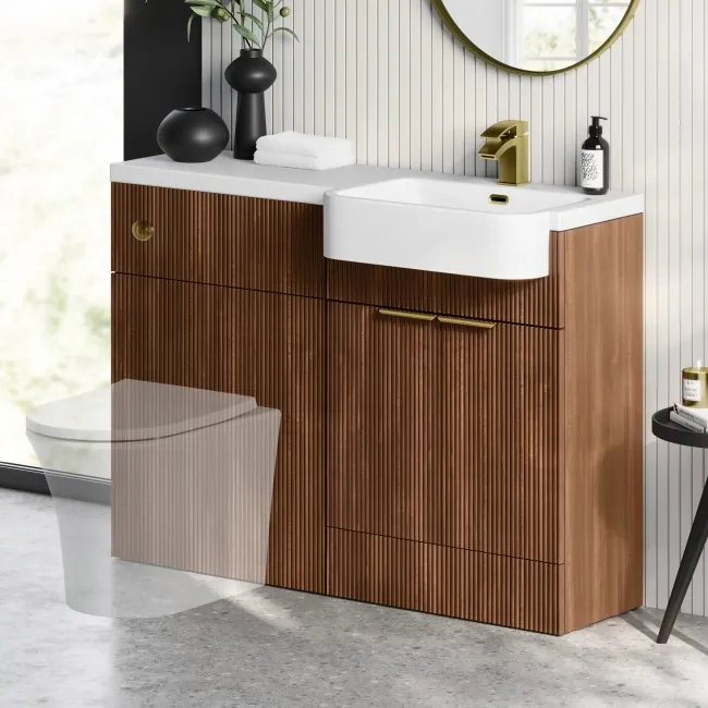 Sicily Fluted Black Walnut Basin Vanity and Back To Wall Toilet Unit 1200mm (Excludes Toilet) - Brushed Brass Accents - Right Handed
