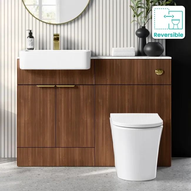 Sicily Fluted Black Walnut Combination Vanity Basin with Marble Top & Tucson Toilet 1200mm - Brushed Brass Accents