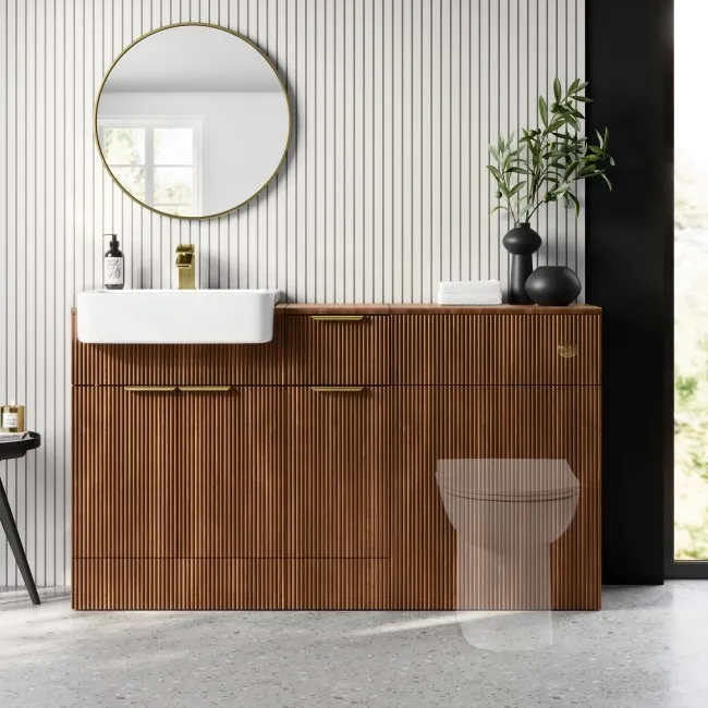 Sicily Fluted Black Walnut Combination Vanity Basin 1500mm (Excludes Toilet) - Brushed Brass Accents