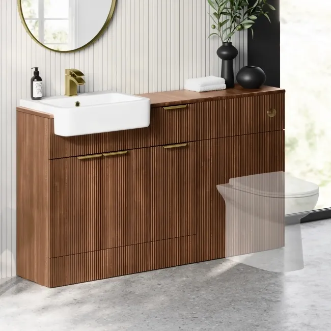 Sicily Fluted Black Walnut Combination Vanity Basin 1500mm (Excludes Toilet) - Brushed Brass Accents
