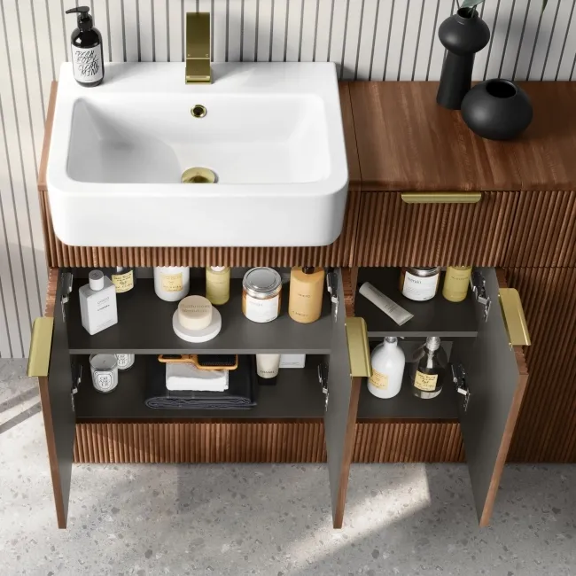 Sicily Fluted Black Walnut Combination Vanity Basin and Aruba Toilet 1500mm - Brushed Brass Accents