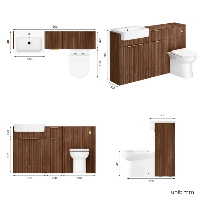 Sicily Fluted Black Walnut Combination Vanity Basin and Aruba Toilet 1500mm - Brushed Brass Accents