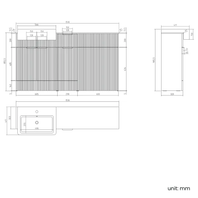 Sicily Fluted Black Walnut Combination Vanity Basin with Marble Top 1500mm (Excludes Toilet) - Brushed Brass Accents