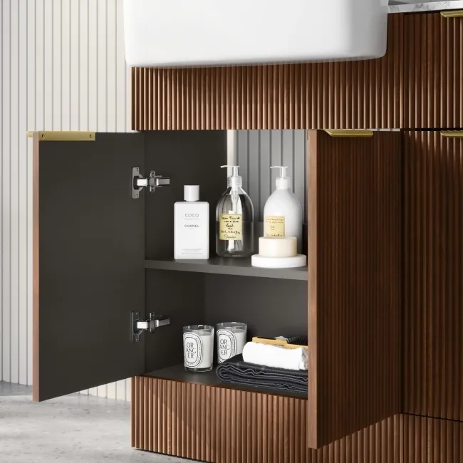 Sicily Fluted Black Walnut Combination Vanity Basin with Marble Top & Houston Toilet 1500mm - Brushed Brass Accents