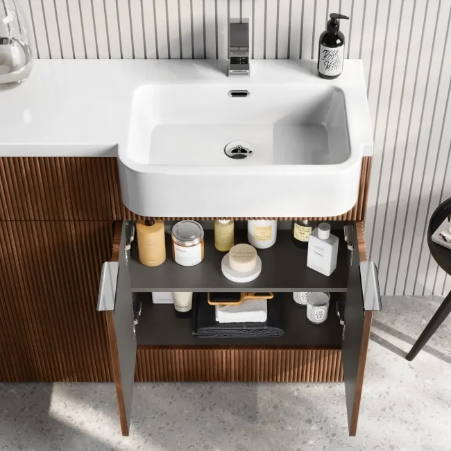 Sicily Fluted Black Walnut Basin Vanity and Back To Wall Toilet Unit 1200mm (Excludes Toilet) - Chrome Handles - Right Handed