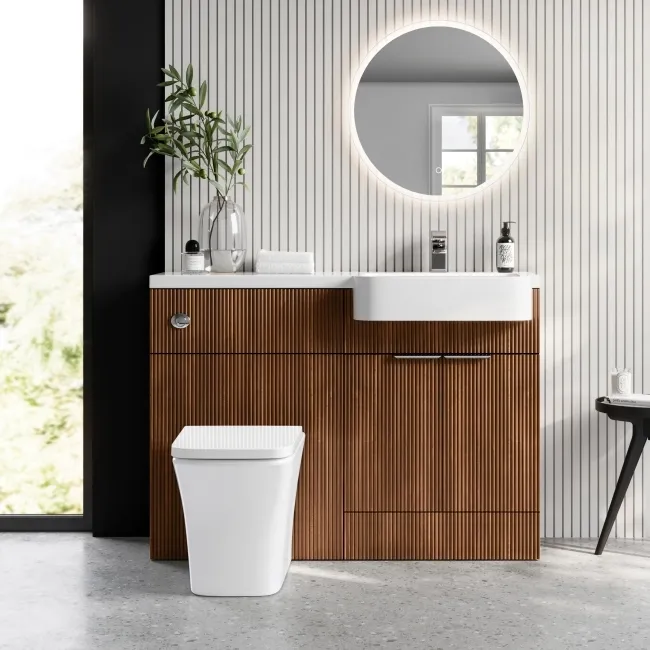 Sicily Fluted Black Walnut Combination Vanity Basin and Houston Toilet 1200mm - Chrome Handles - Right Handed